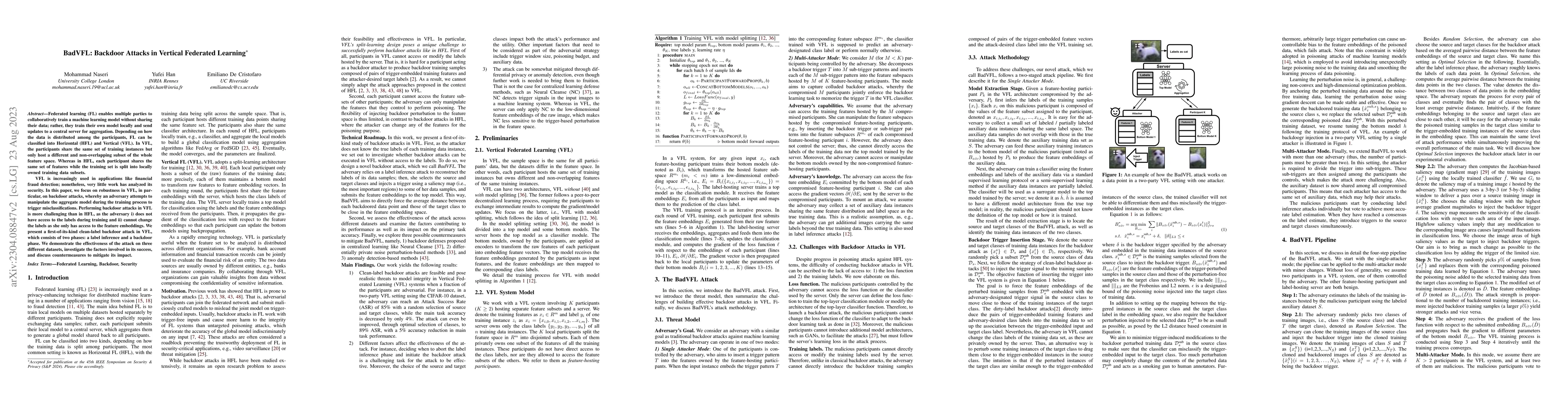Thumbnail for BadVFL: Backdoor Attacks in Vertical Federated Learning
