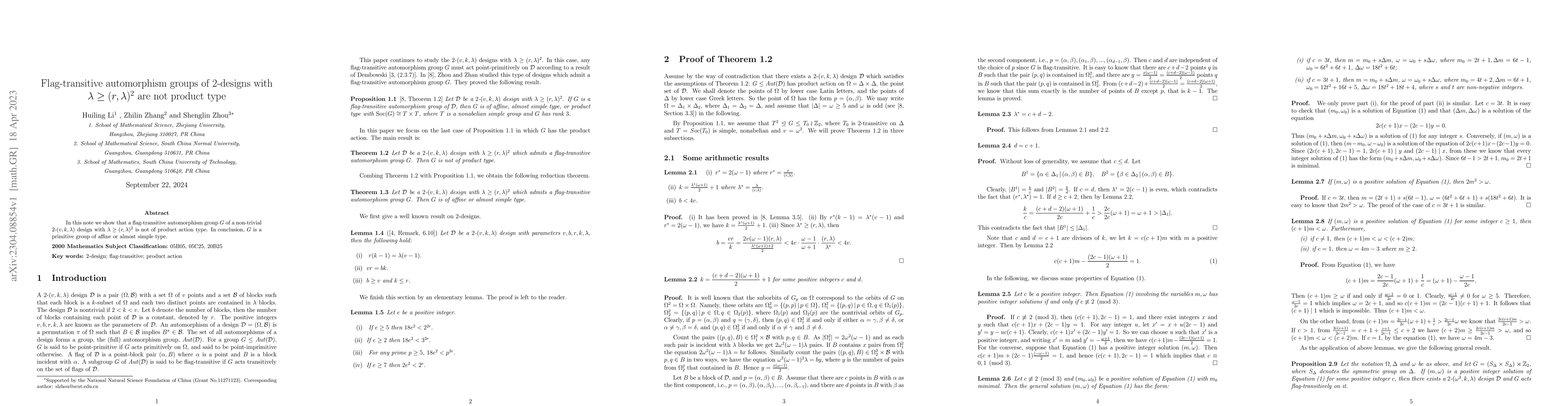 Thumbnail for Flag-transitive automorphism groups of $2$-designs with $\lambda\geq
  (r,\lambda)^2$ are not product type