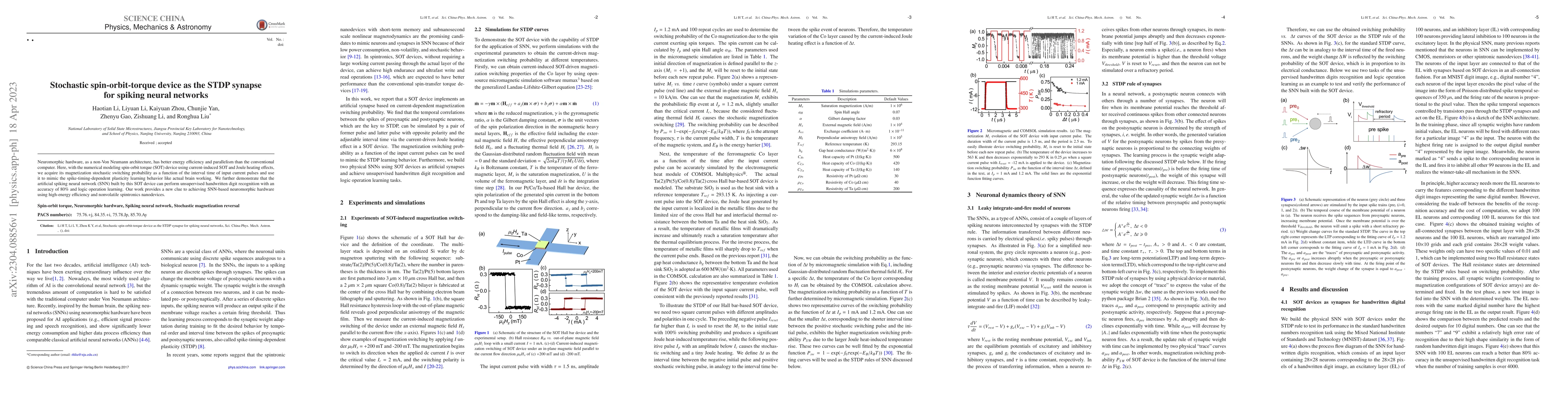 Thumbnail for Stochastic spin-orbit-torque device as the STDP synapse for spiking
  neural networks