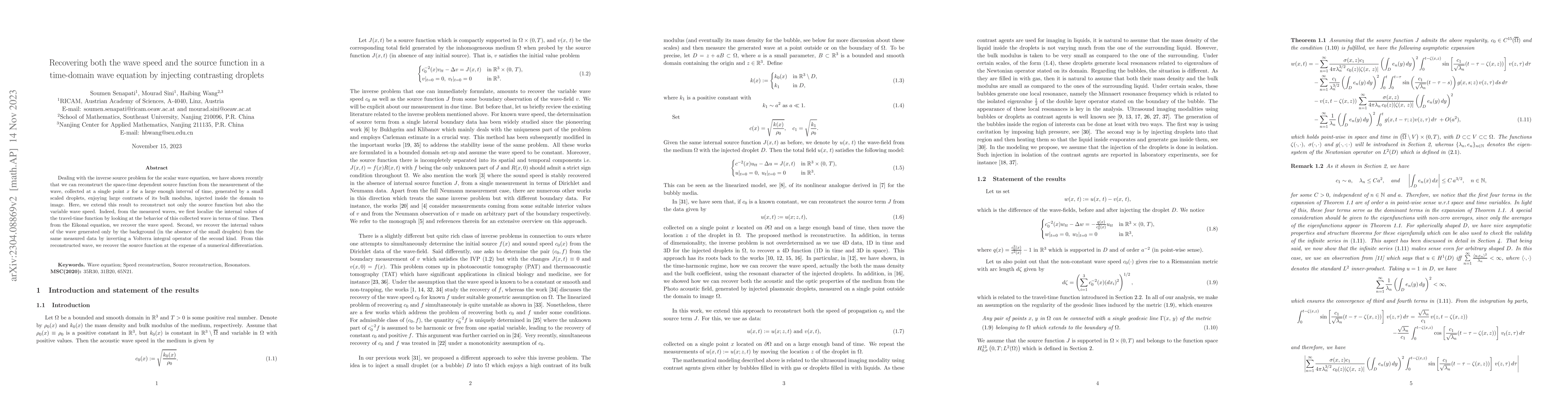 Thumbnail for Recovering both the wave speed and the source function in a time-domain
  wave equation by injecting contrasting droplets
