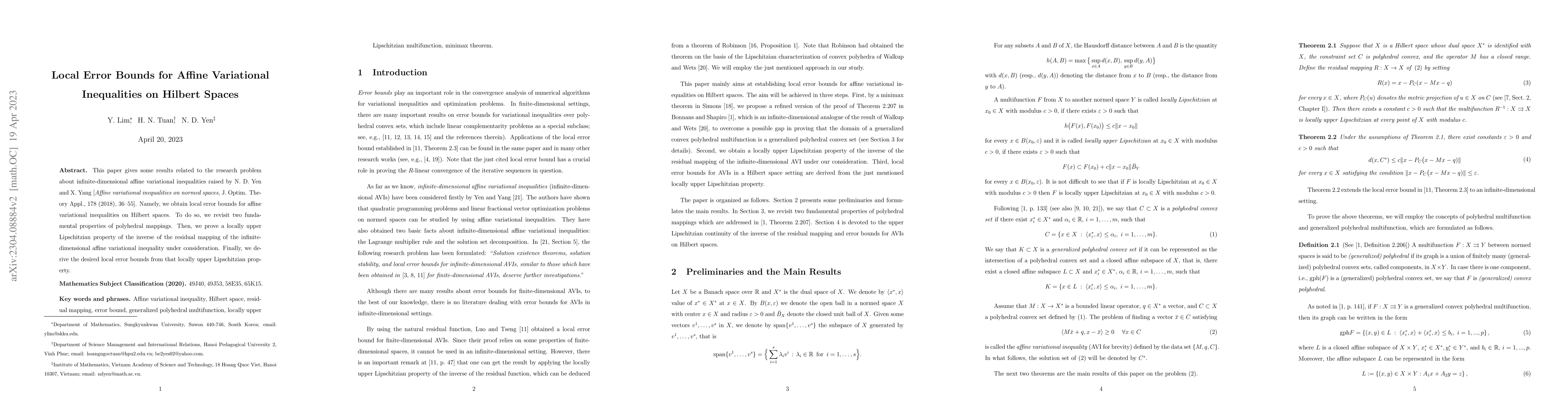 Thumbnail for Local Error Bounds for Affine Variational Inequalities on Hilbert Spaces
