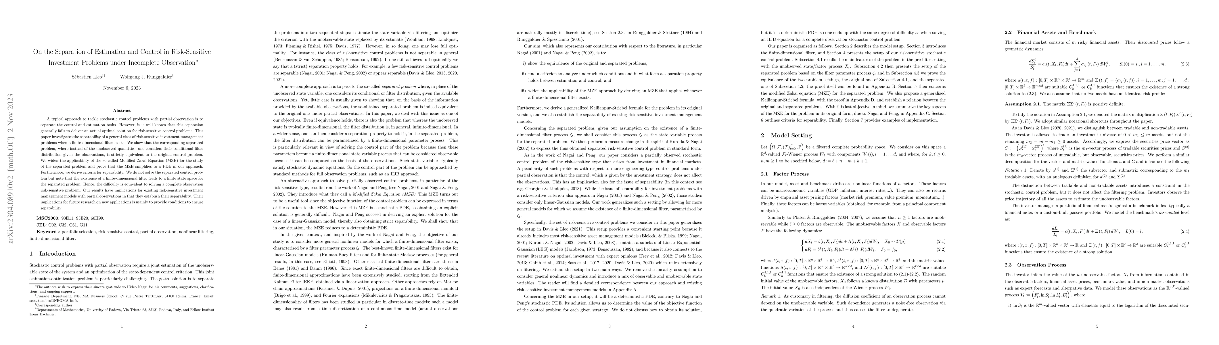Thumbnail for On the Separation of Estimation and Control in Risk-Sensitive Investment
  Problems under Incomplete Observation