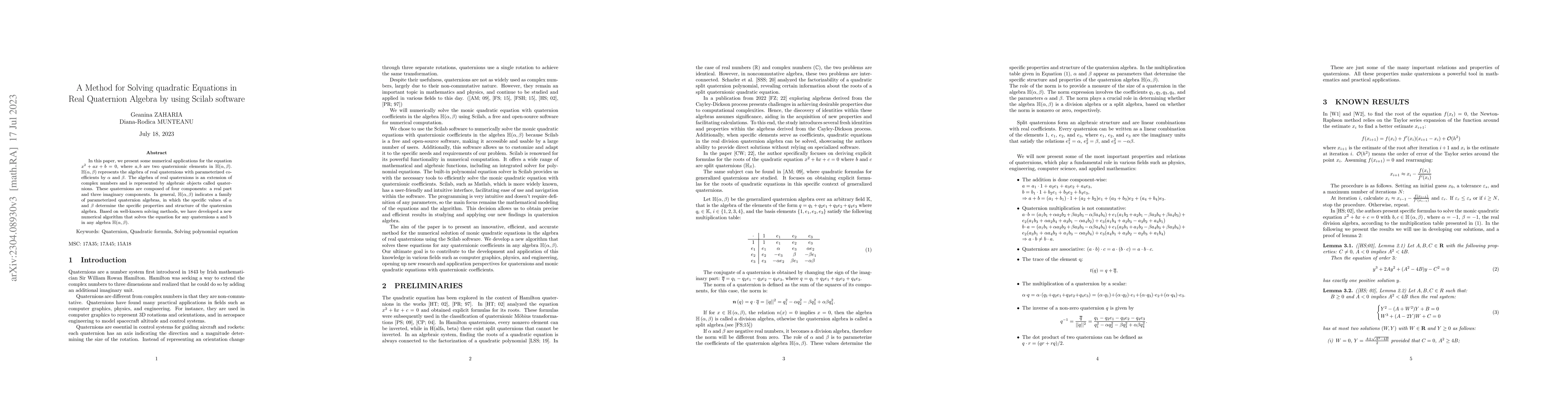 Thumbnail for A Method for Solving quadratic Equations in Real Quaternion Algebra by
  using Scilab software