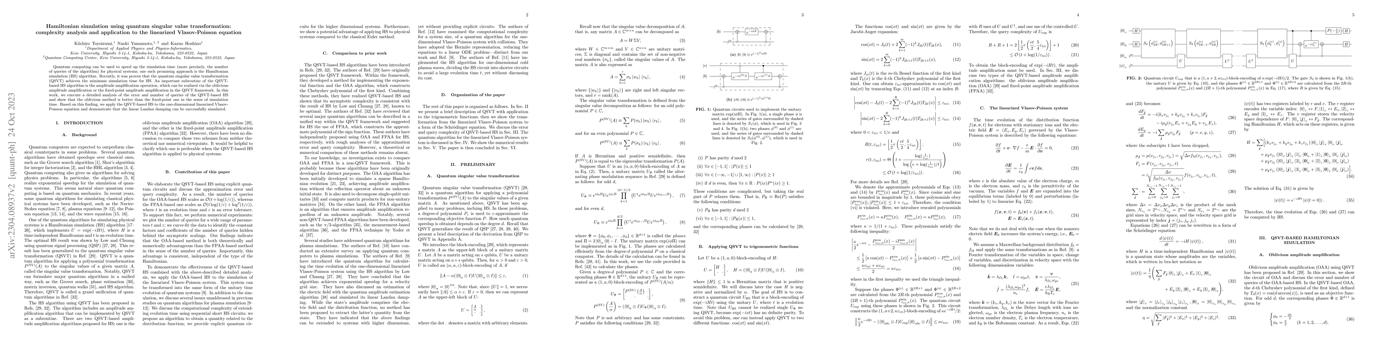 Thumbnail for Hamiltonian simulation using quantum singular value transformation:
  complexity analysis and application to the linearized Vlasov-Poisson equation