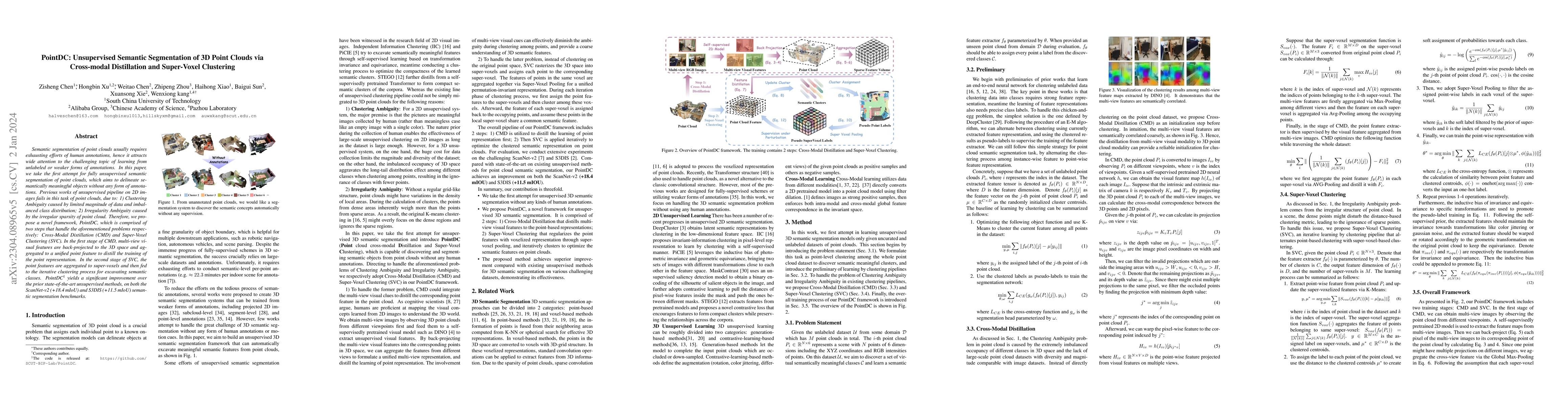 Thumbnail for PointDC:Unsupervised Semantic Segmentation of 3D Point Clouds via
  Cross-modal Distillation and Super-Voxel Clustering