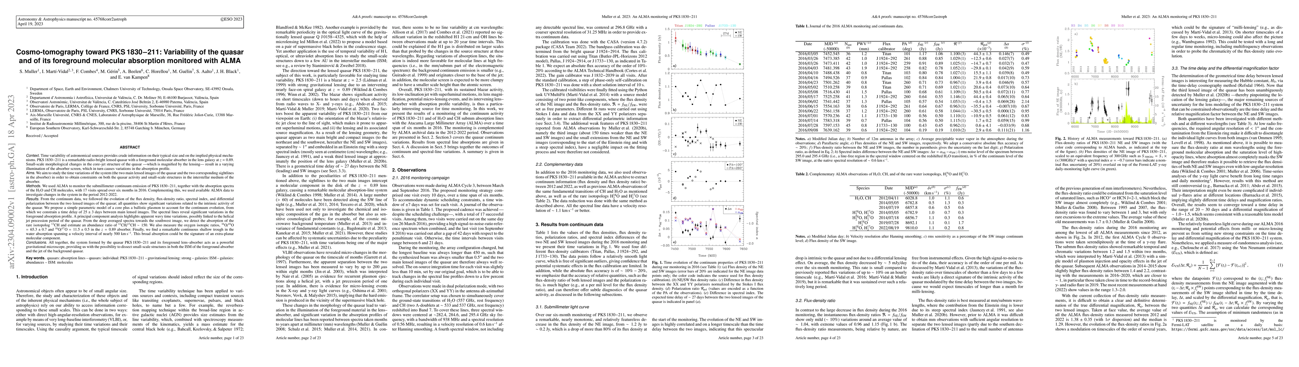 Thumbnail for Cosmo-tomography toward PKS1830-211: Variability of the quasar and of
  its foreground molecular absorption monitored with ALMA