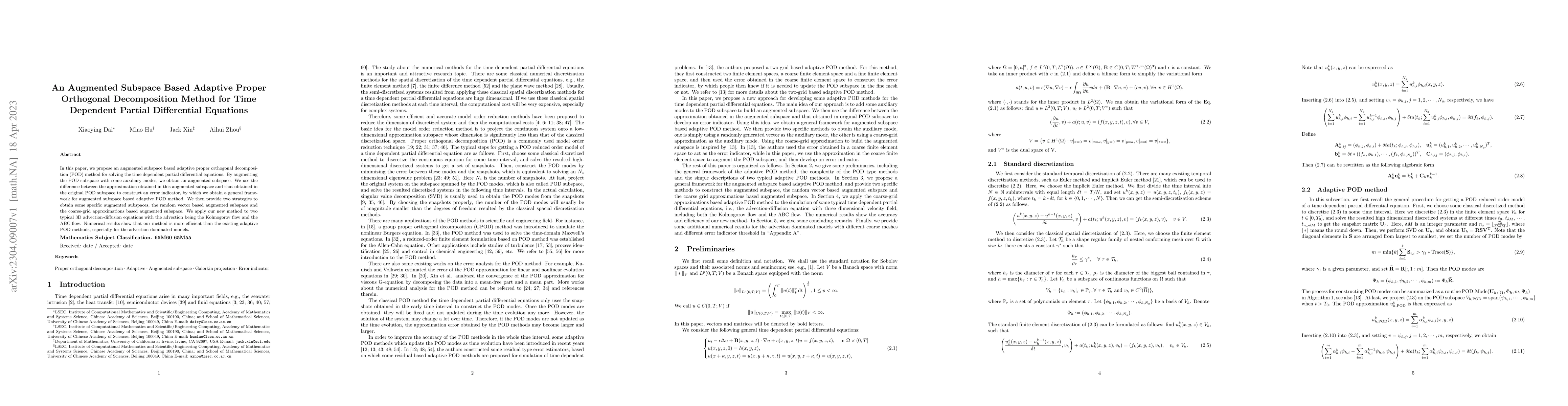 Thumbnail for An Augmented Subspace Based Adaptive Proper Orthogonal Decomposition
  Method for Time Dependent Partial Differential Equations