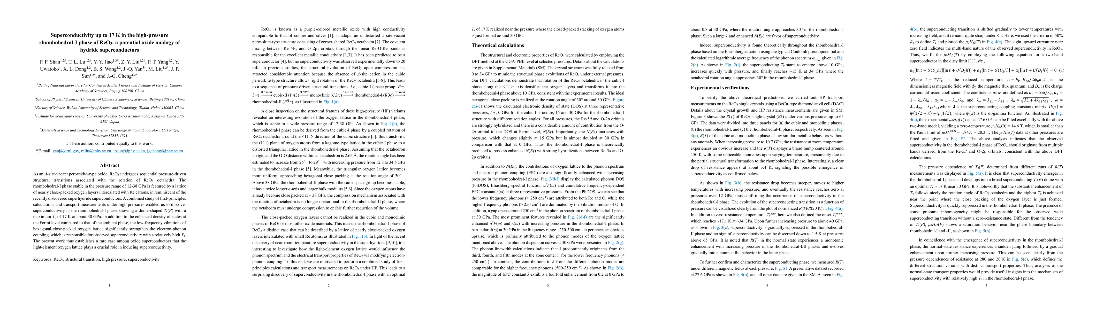 Thumbnail for Superconductivity up to 17 K in the high-pressure rhombohedral-I phase
  of ReO3: a potential oxide analogy of hydride superconductors