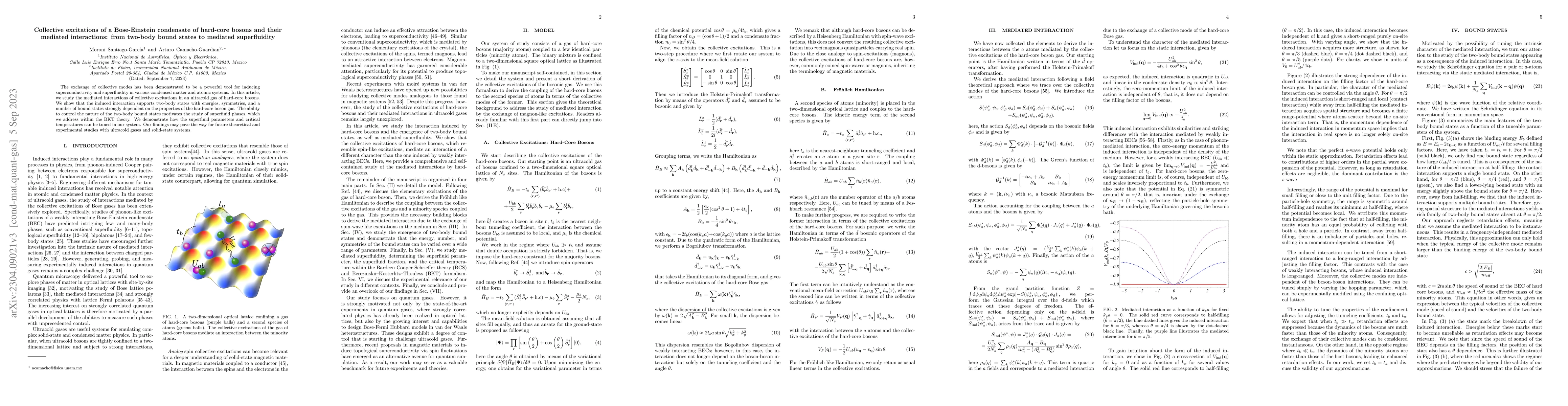 Thumbnail for Collective excitations of a Bose-Einstein condensate of hard-core bosons
  and their mediated interactions: from two-body bound states to mediated
  superfluidity
