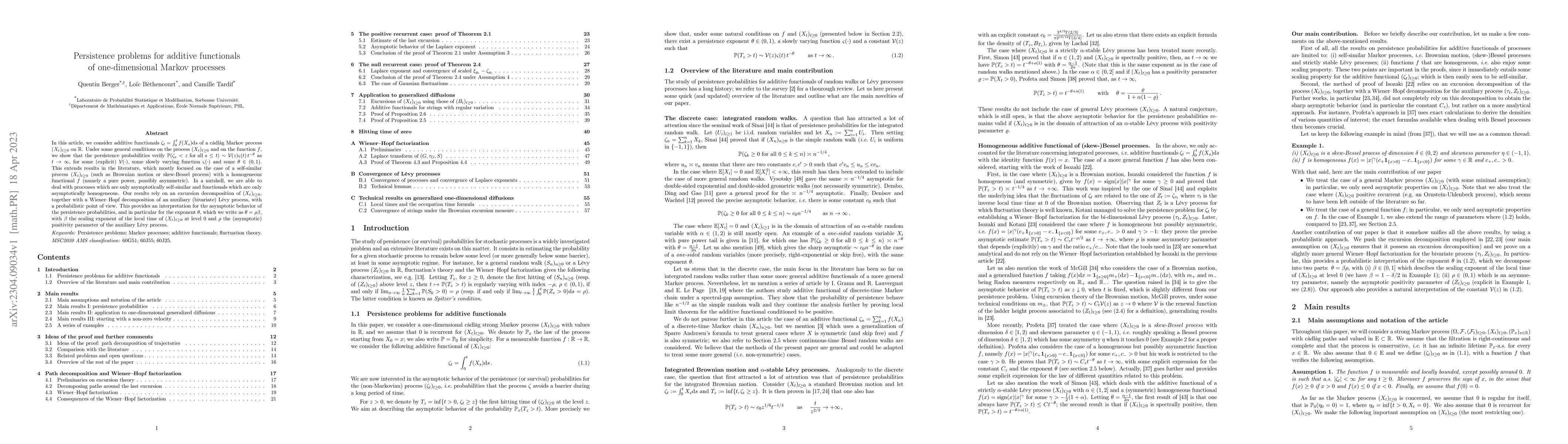 Thumbnail for Persistence problems for additive functionals of one-dimensional Markov
  processes