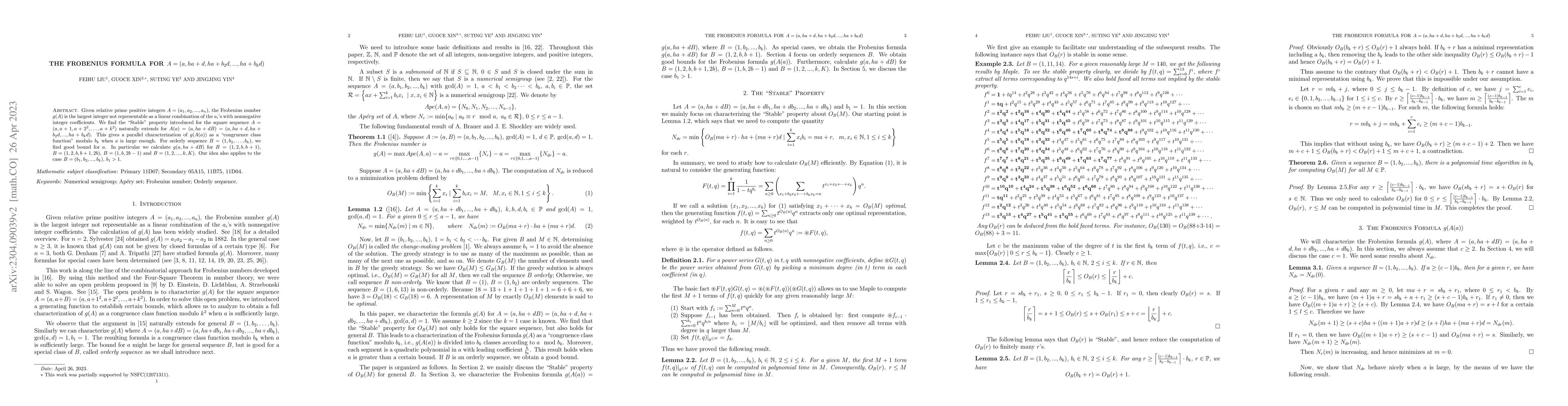 Thumbnail for The Frobenius Formula for $A=(a,ha+d,ha+b_2d,...,ha+b_kd)$