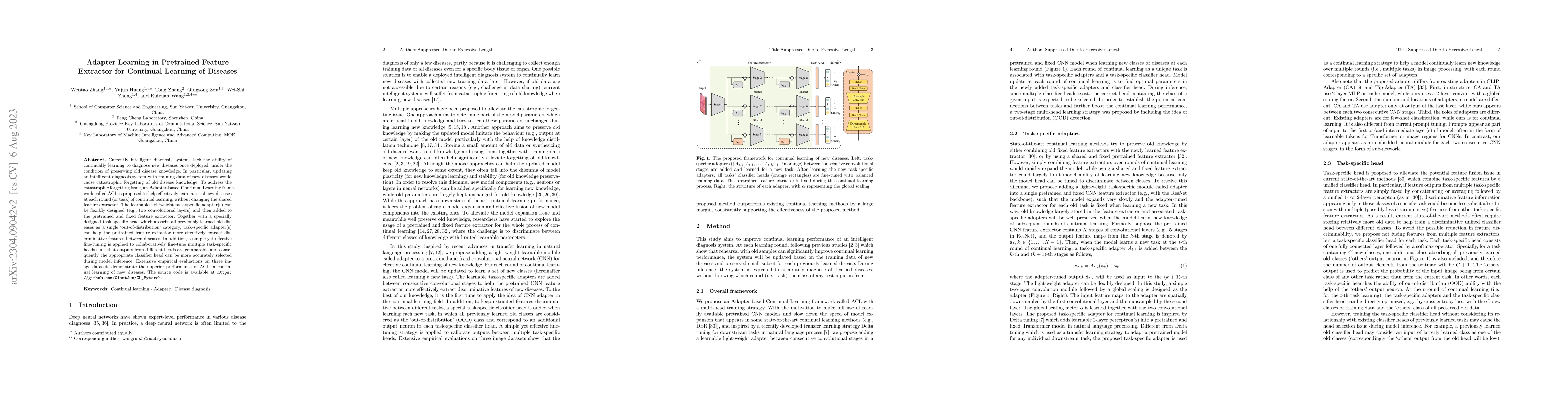 Thumbnail for Adapter Learning in Pretrained Feature Extractor for Continual Learning
  of Diseases
