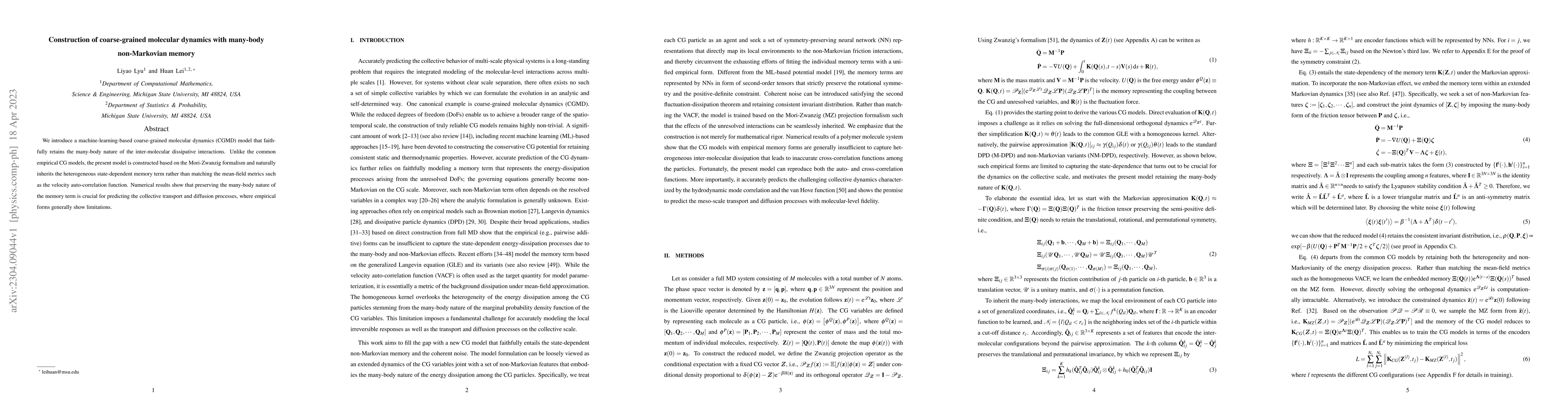 Thumbnail for Construction of coarse-grained molecular dynamics with many-body
  non-Markovian memory