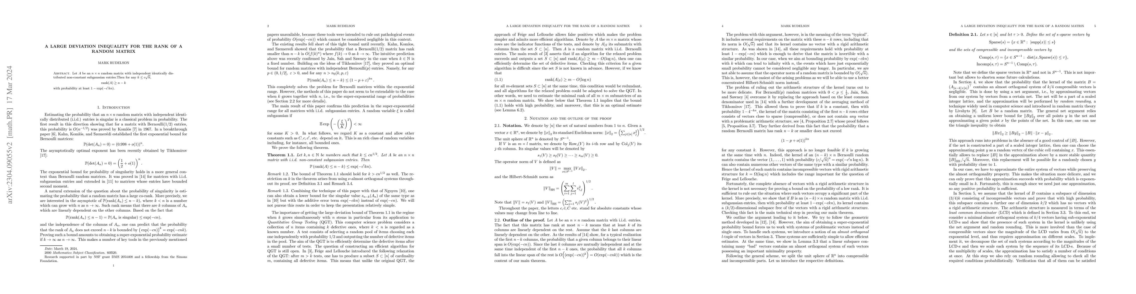 Thumbnail for A large deviation inequality for the rank of a random matrix