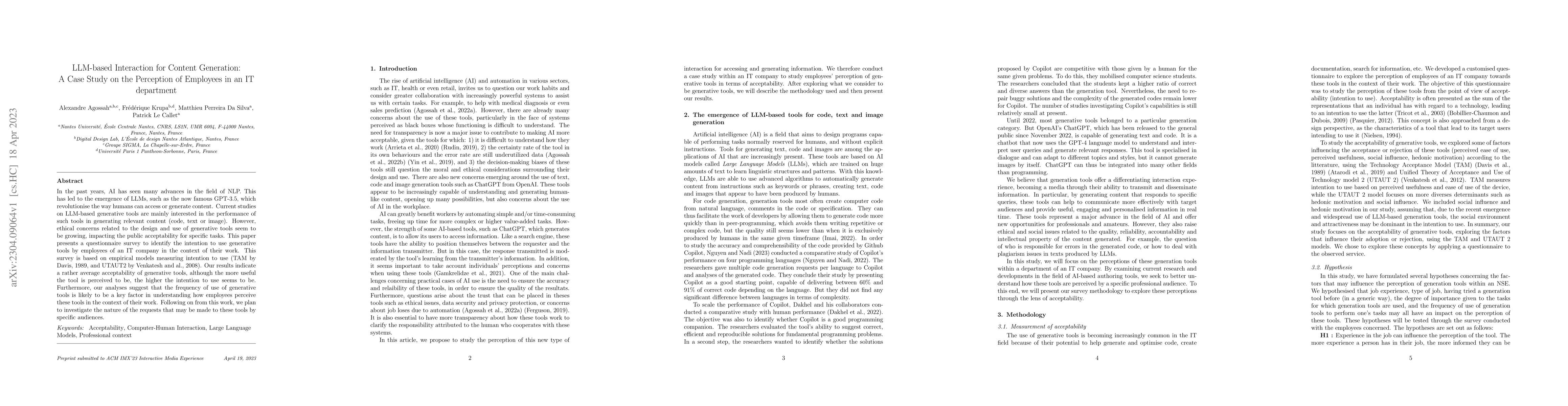 Thumbnail for LLM-based Interaction for Content Generation: A Case Study on the
  Perception of Employees in an IT department