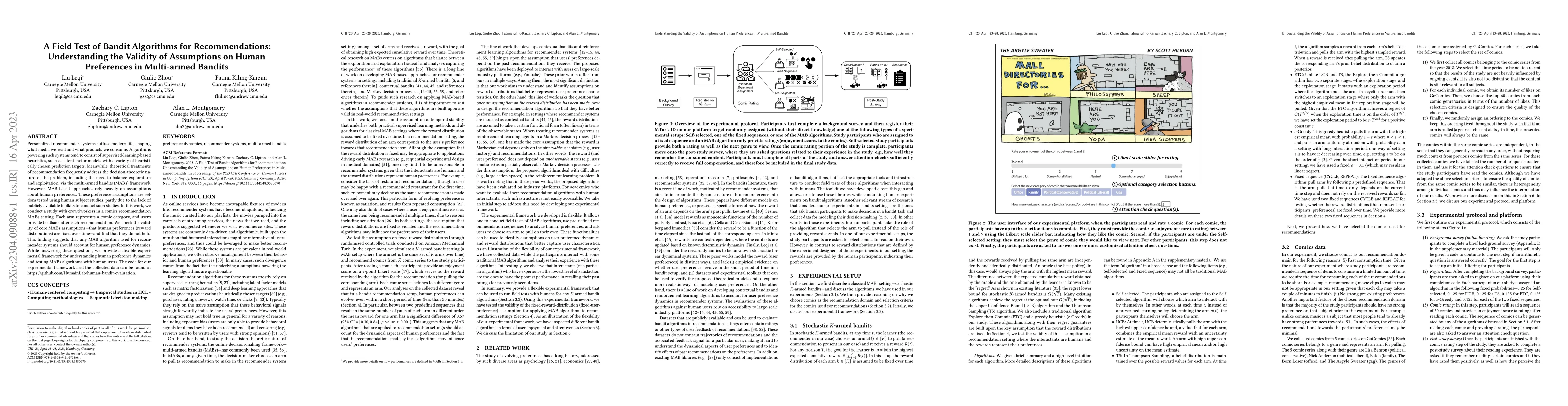 Thumbnail for A Field Test of Bandit Algorithms for Recommendations: Understanding the
  Validity of Assumptions on Human Preferences in Multi-armed Bandits