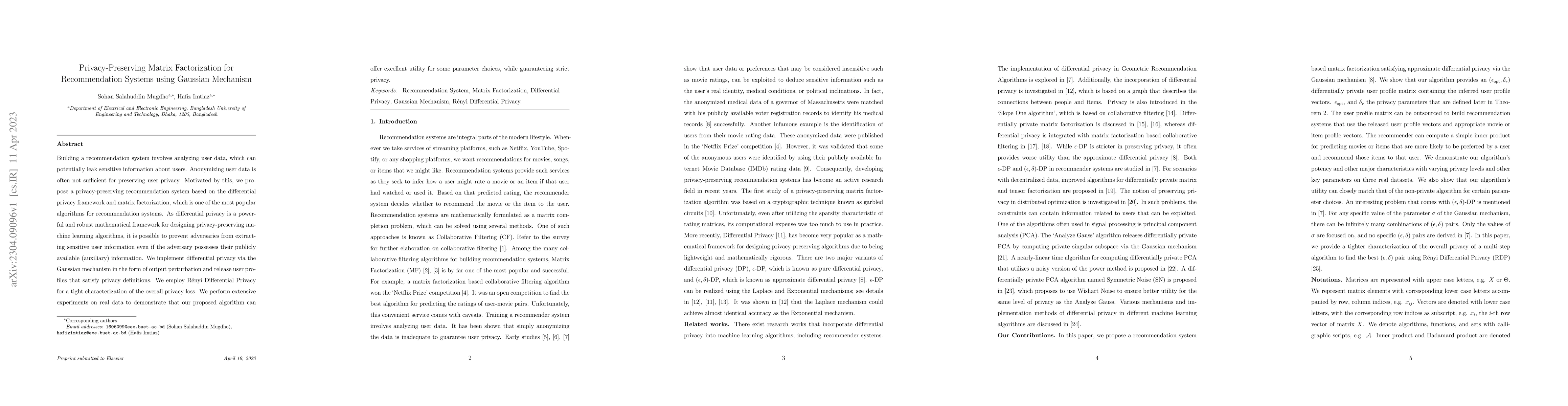 Thumbnail for Privacy-Preserving Matrix Factorization for Recommendation Systems using
  Gaussian Mechanism