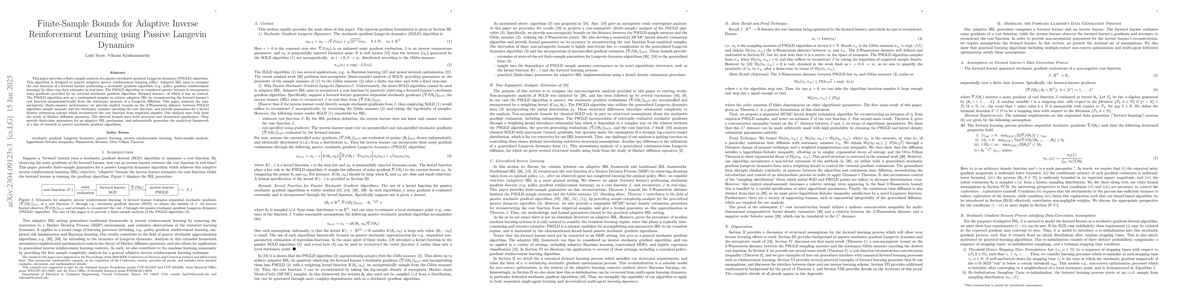 Thumbnail for Finite-Sample Bounds for Adaptive Inverse Reinforcement Learning using
  Passive Langevin Dynamics