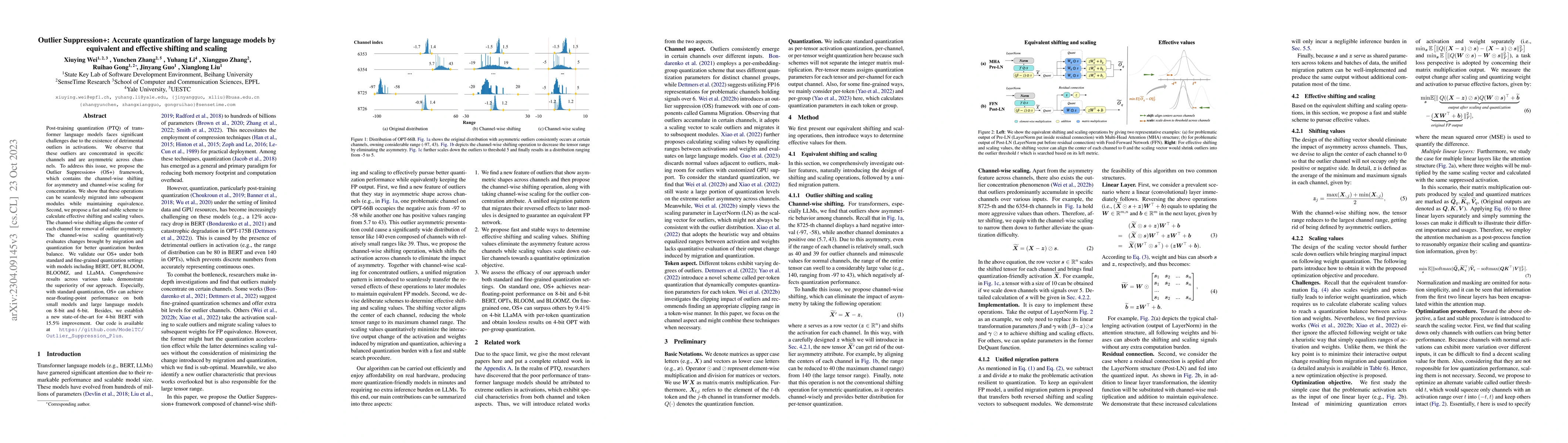 Thumbnail for Outlier Suppression+: Accurate quantization of large language models by
  equivalent and optimal shifting and scaling
