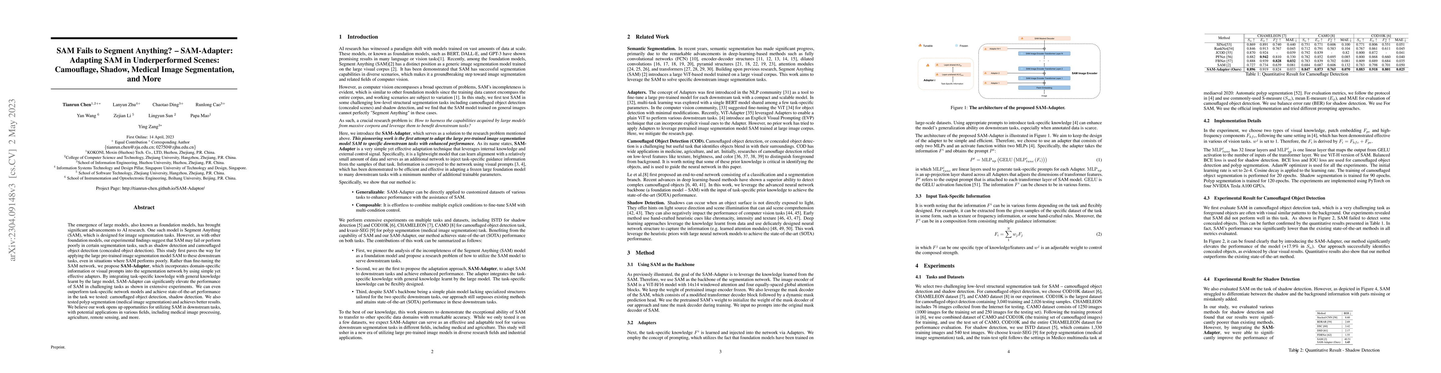 Thumbnail for SAM Fails to Segment Anything? -- SAM-Adapter: Adapting SAM in
  Underperformed Scenes: Camouflage, Shadow, Medical Image Segmentation, and
  More