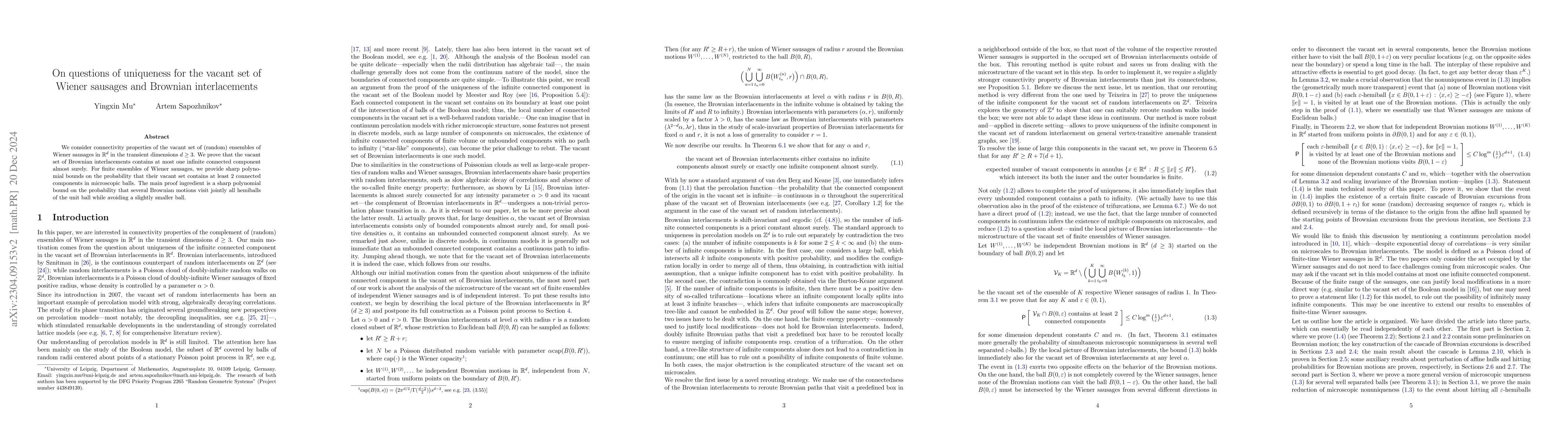 Thumbnail for On questions of uniqueness for the vacant set of Wiener sausages and
  Brownian interlacements