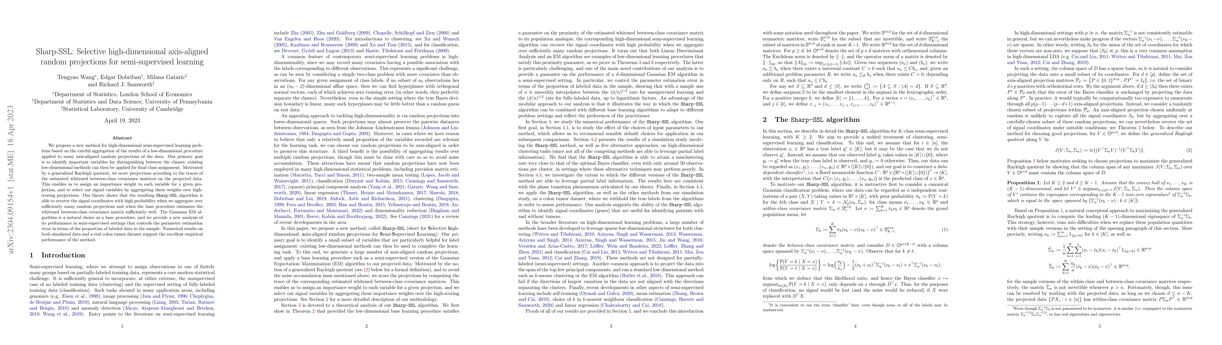 Thumbnail for Sharp-SSL: Selective high-dimensional axis-aligned random projections
  for semi-supervised learning