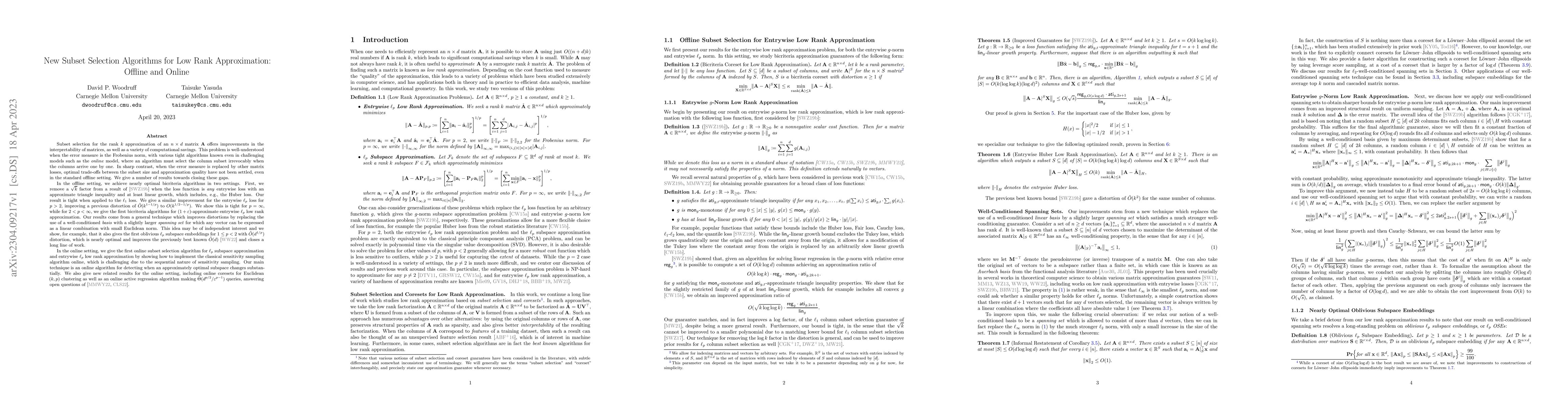 Thumbnail for New Subset Selection Algorithms for Low Rank Approximation: Offline and
  Online