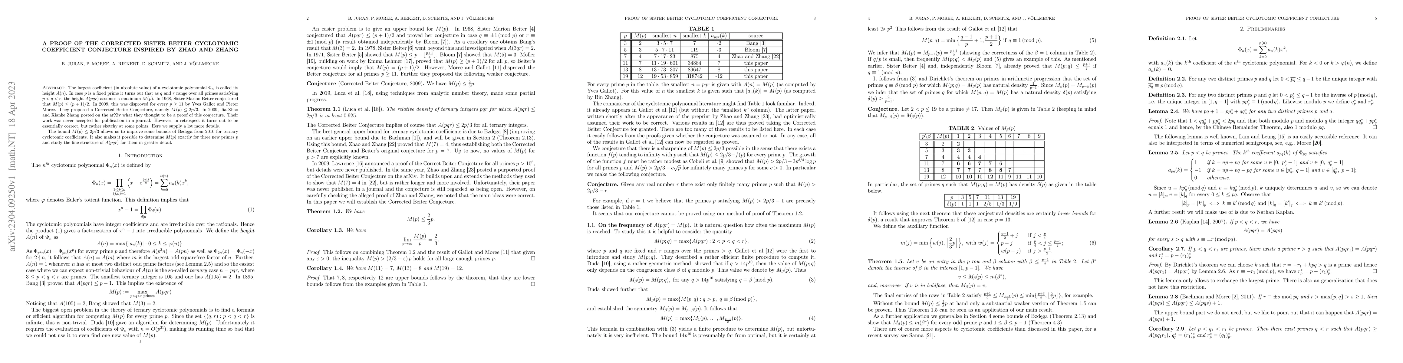 Thumbnail for A proof of the corrected Sister Beiter cyclotomic coefficient conjecture
  inspired by Zhao and Zhang
