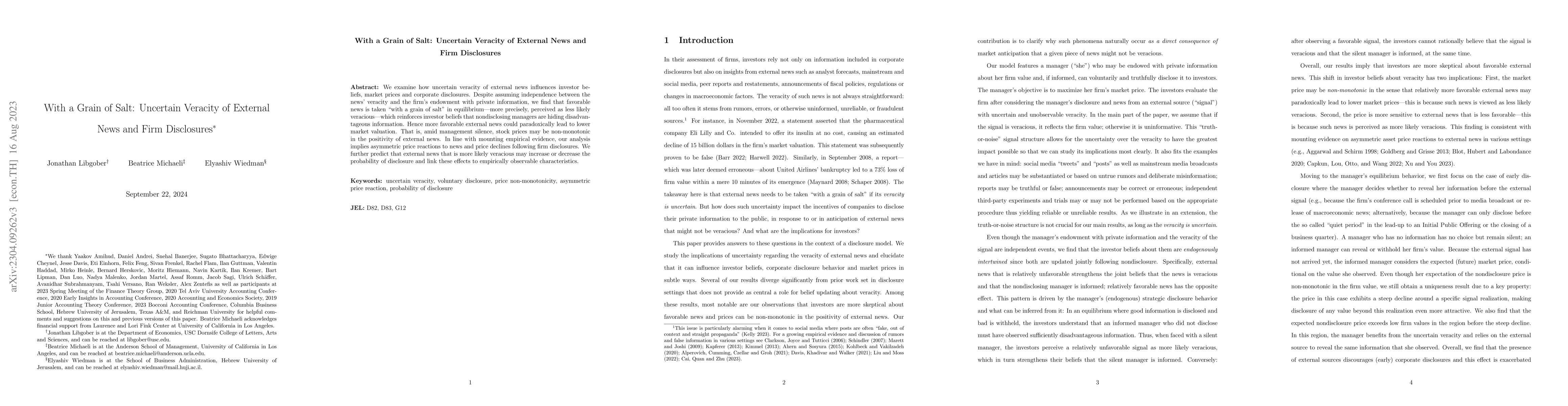 Thumbnail for With a Grain of Salt: Uncertain Veracity of External News and Firm
  Disclosures