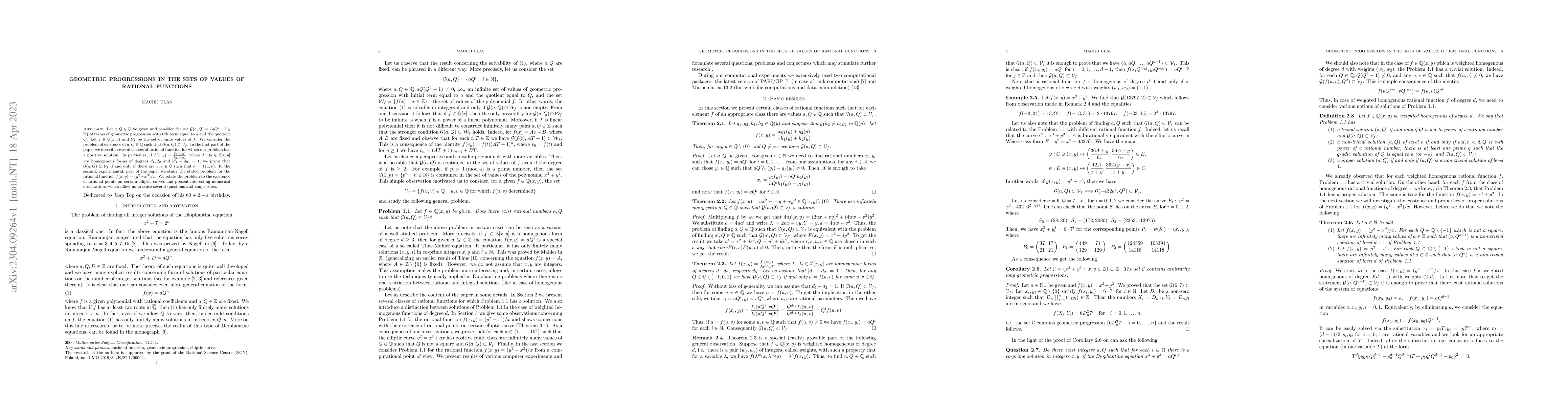 Thumbnail for Geometric progressions in the sets of values of rational functions