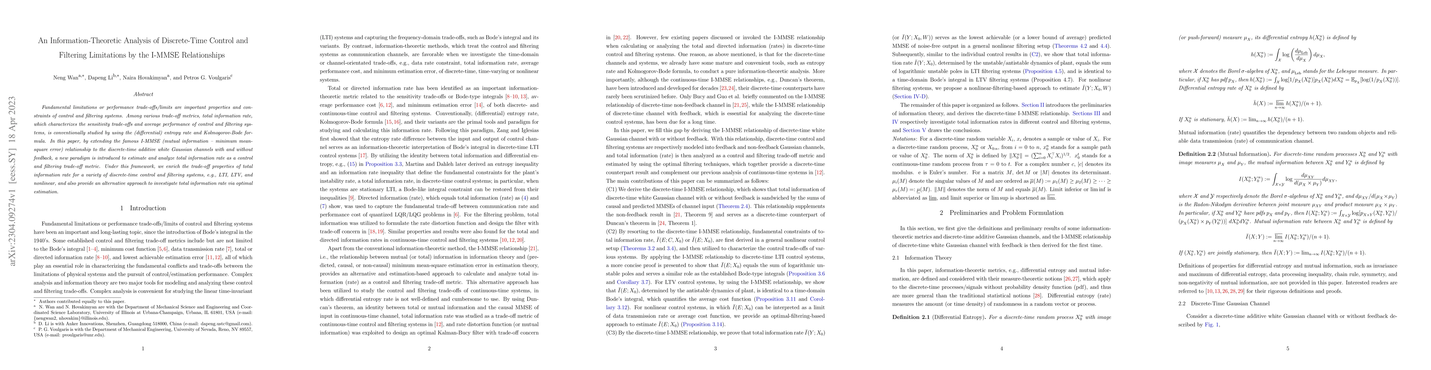 Thumbnail for An Information-Theoretic Analysis of Discrete-Time Control and Filtering
  Limitations by the I-MMSE Relationships