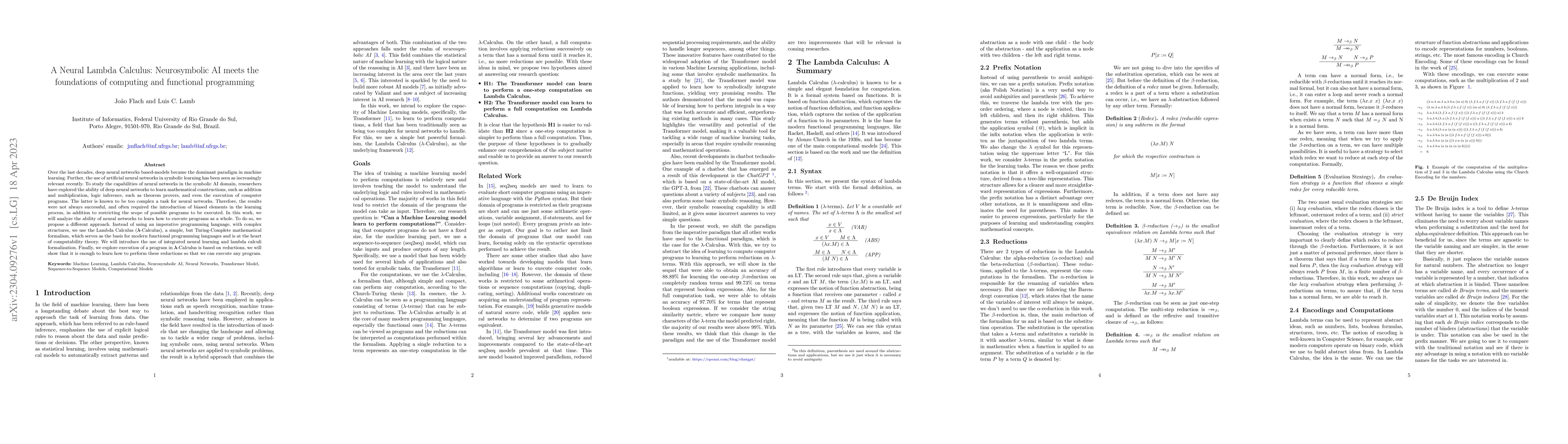 Thumbnail for A Neural Lambda Calculus: Neurosymbolic AI meets the foundations of
  computing and functional programming