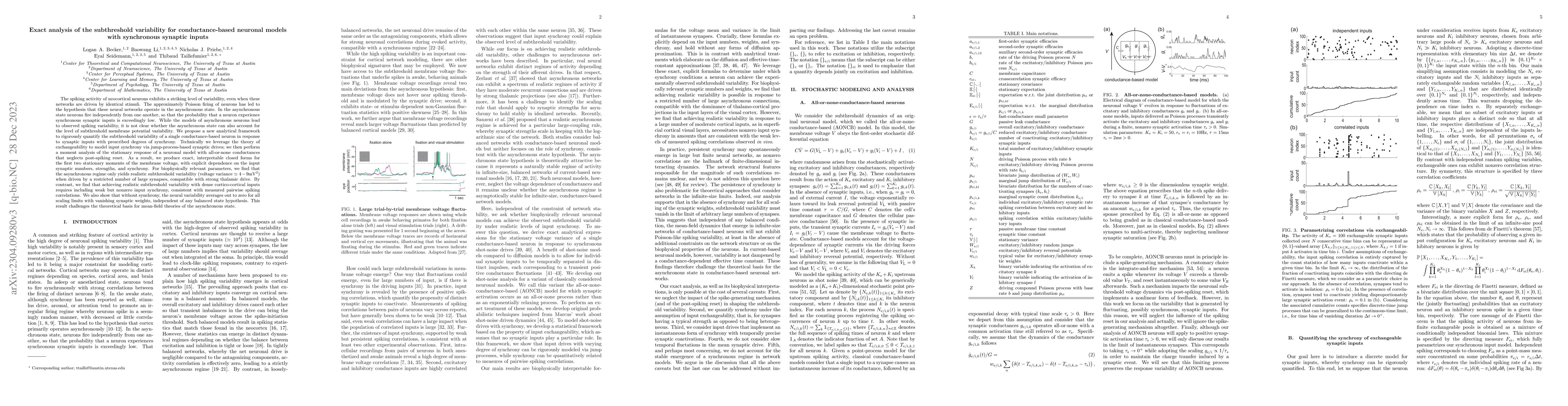 Thumbnail for Exact analysis of the subthreshold variability for conductance-based
  neuronal models with synchronous synaptic inputs