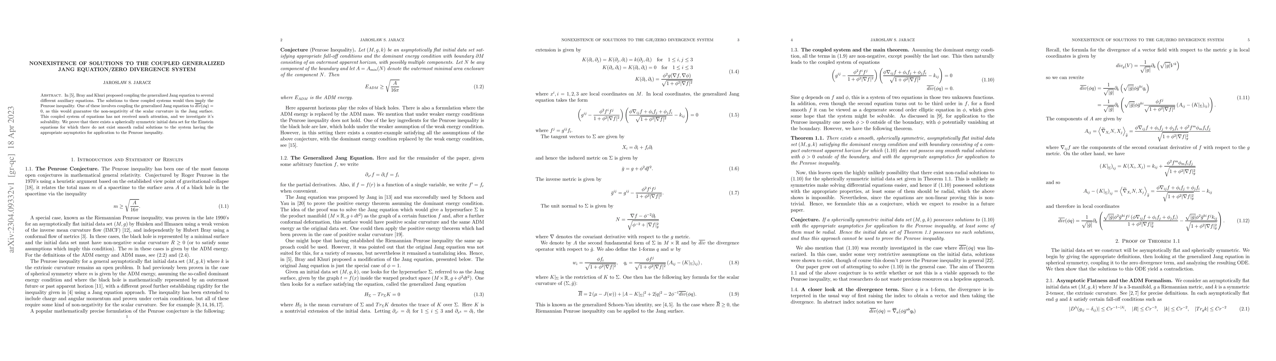 Thumbnail for Nonexistence of Solutions to the Coupled Generalized Jang Equation/Zero
  Divergence System