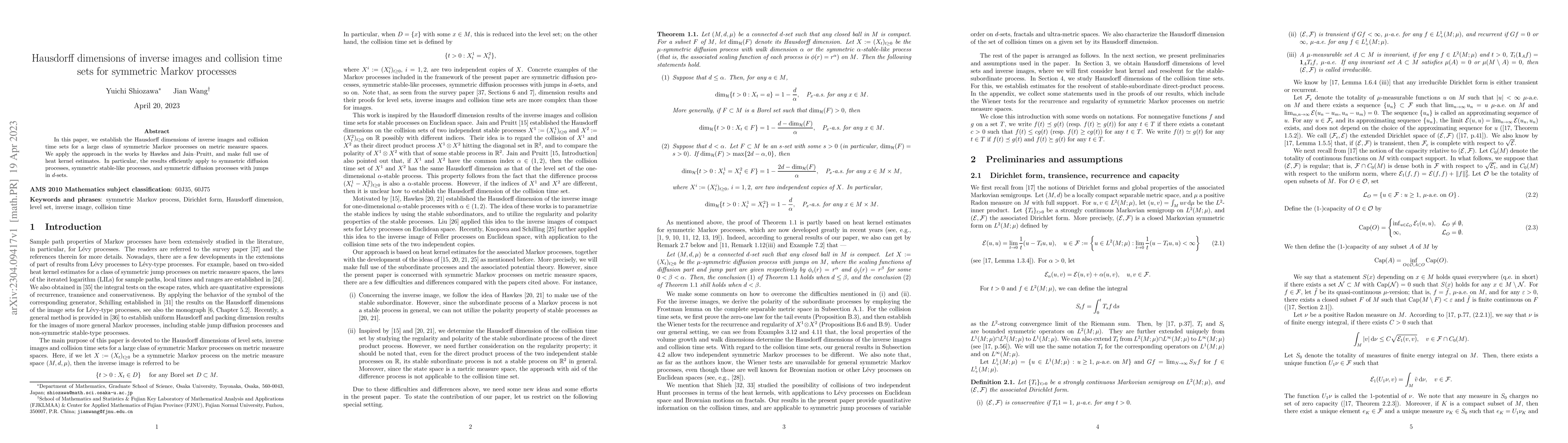 Thumbnail for Hausdorff dimensions of inverse images and collision time sets for
  symmetric Markov processes