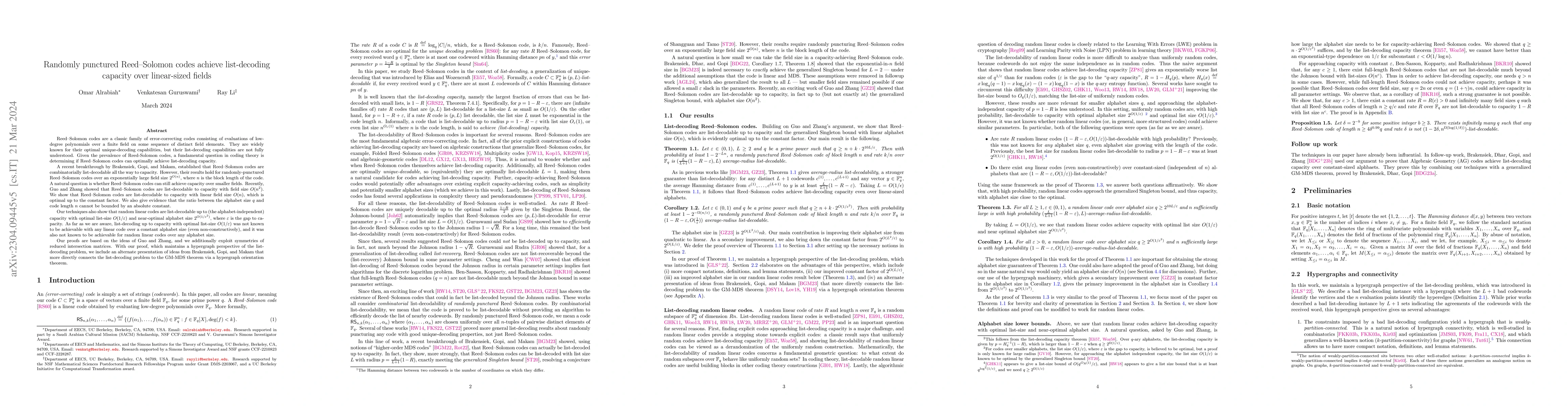 Thumbnail for Randomly punctured Reed--Solomon codes achieve list-decoding capacity
  over linear-sized fields