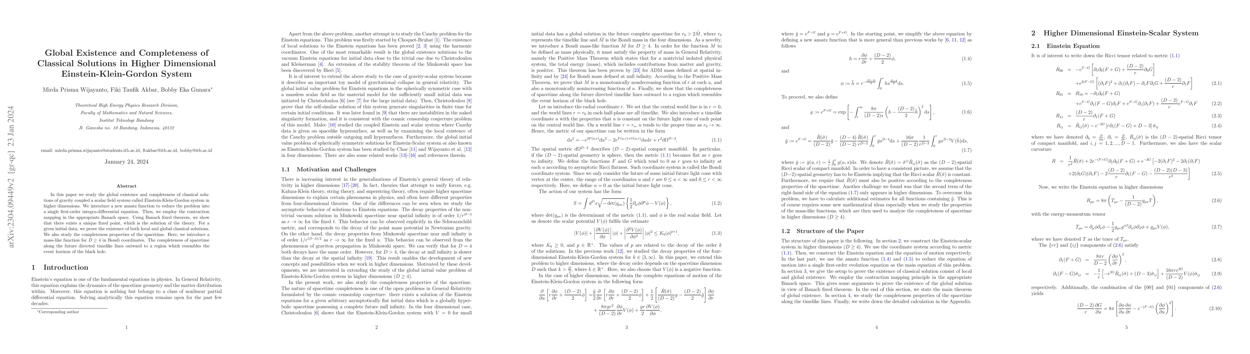 Thumbnail for Global Existence and Completeness of Classical Solutions in Higher
  Dimensional Einstein-Klein-Gordon System