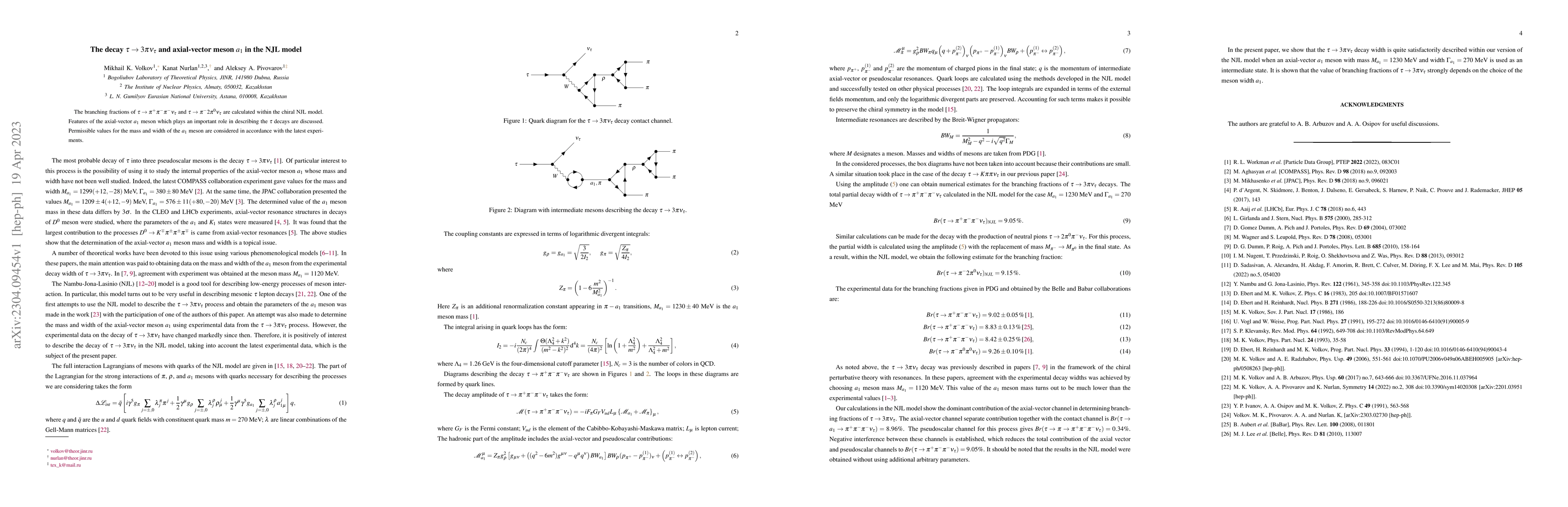 Thumbnail for The decay $\tau \to 3\pi\nu_\tau$ and axial-vector meson $a_1$ in the
  NJL model
