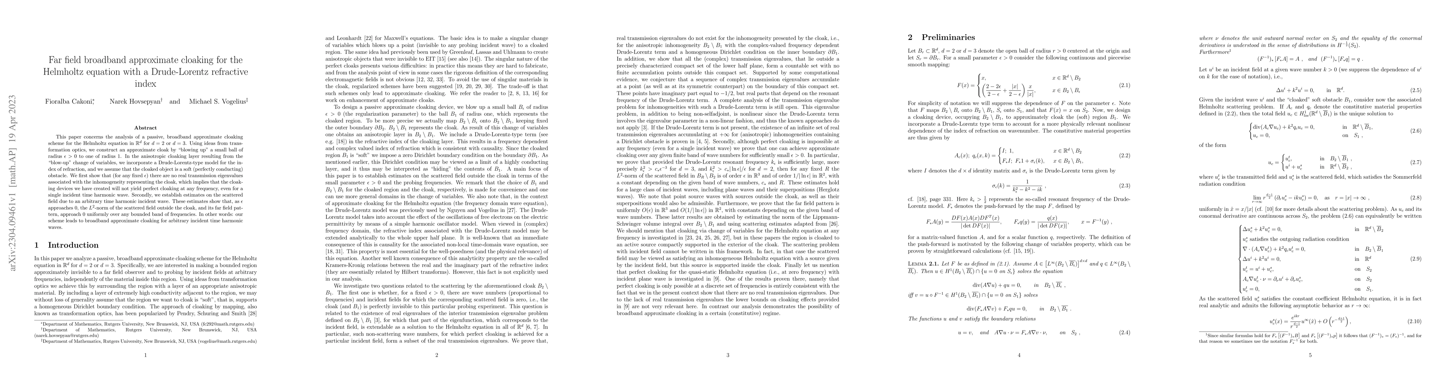 Thumbnail for Far field broadband approximate cloaking for the Helmholtz equation with
  a Drude-Lorentz refractive index