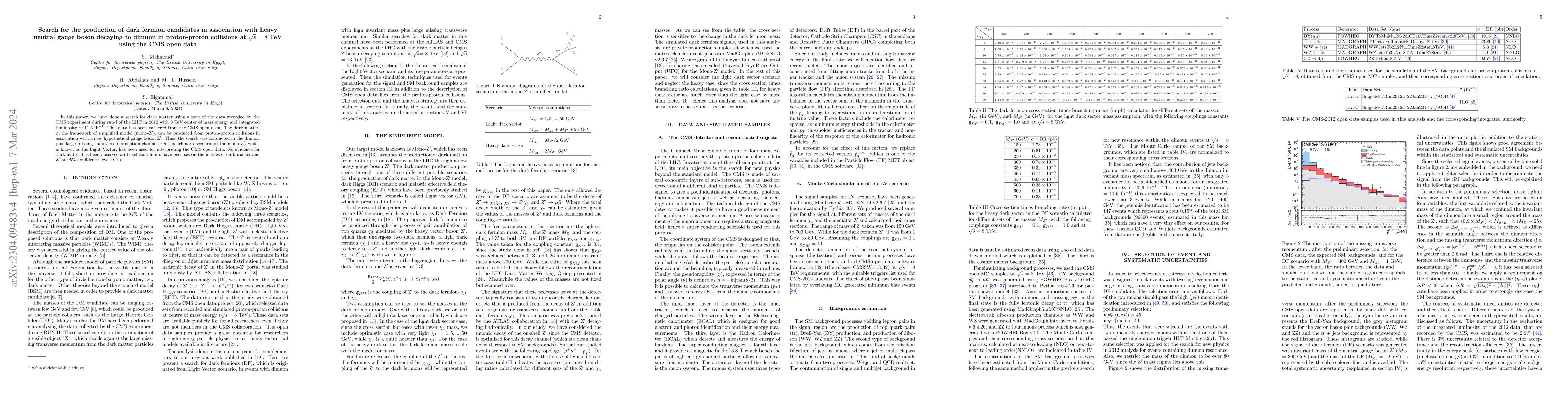 Thumbnail for Search for the production of dark fermion candidates in association with
  heavy neutral gauge boson decaying to dimuon in proton-proton collisions at
  $\sqrt{s} = 8$ TeV using the CMS open data