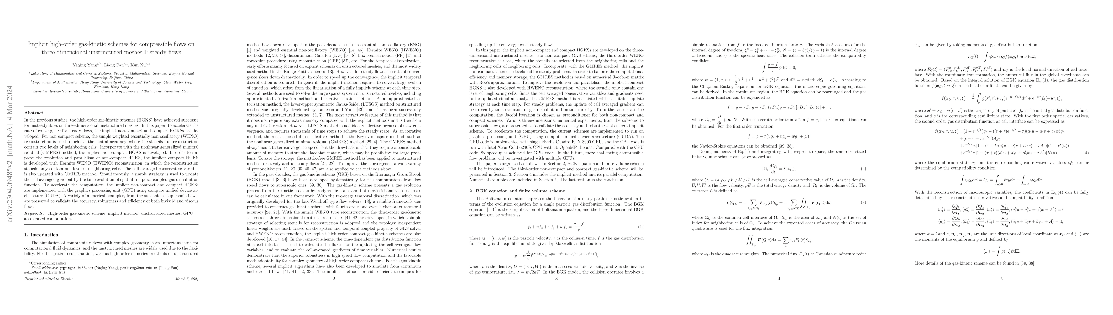 Thumbnail for Implicit high-order gas-kinetic schemes for compressible flows on
  three-dimensional unstructured meshes I: steady flows