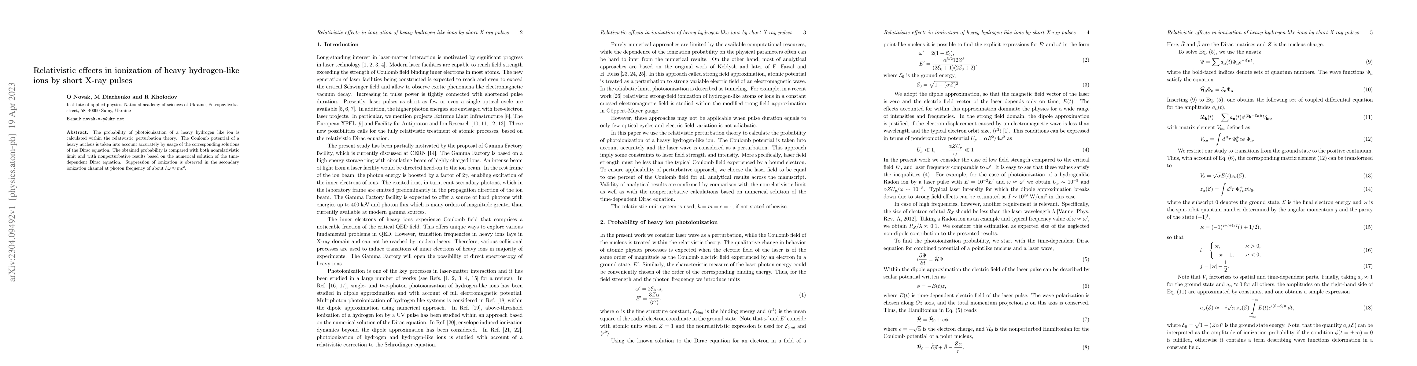 Thumbnail for Relativistic effects in ionization of heavy hydrogen-like ions by short
  X-ray pulses