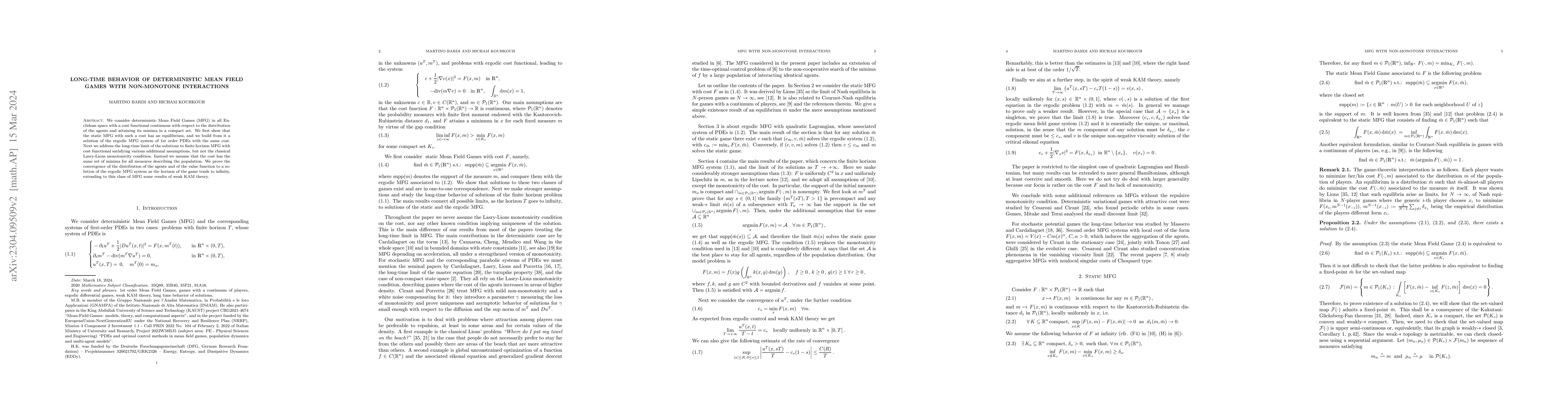 Thumbnail for Long-time behaviour of deterministic Mean Field Games with non-monotone
  interactions