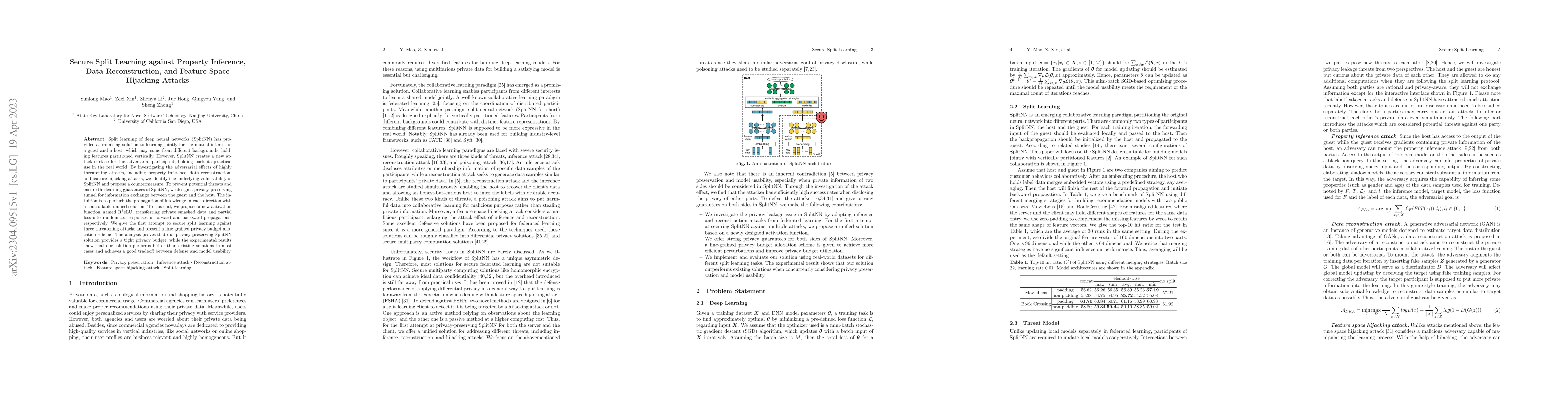 Thumbnail for Secure Split Learning against Property Inference, Data Reconstruction,
  and Feature Space Hijacking Attacks