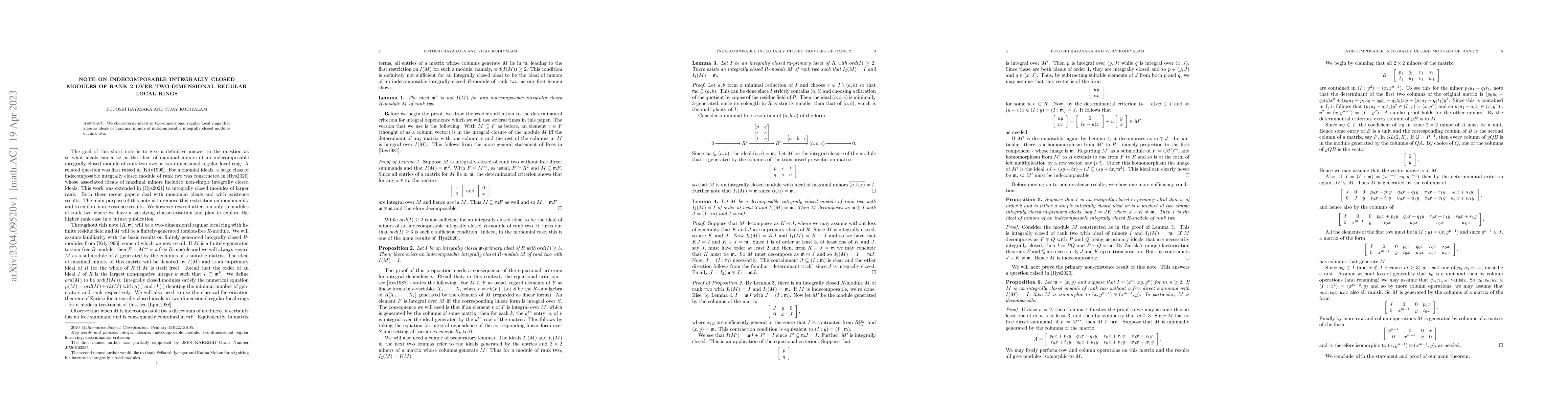Thumbnail for Note on indecomposable integrally closed modules of rank 2 over
  two-dimensional regular local rings