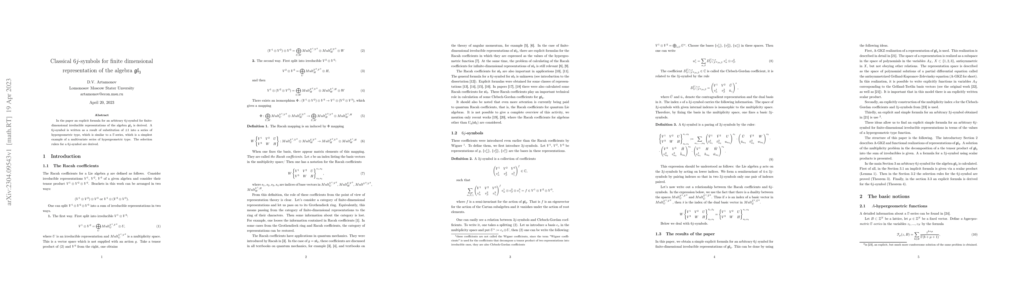 Thumbnail for Classical $6j$-symbols for finite dimensional representation of the
  algebra $\mathfrak{gl}_3$