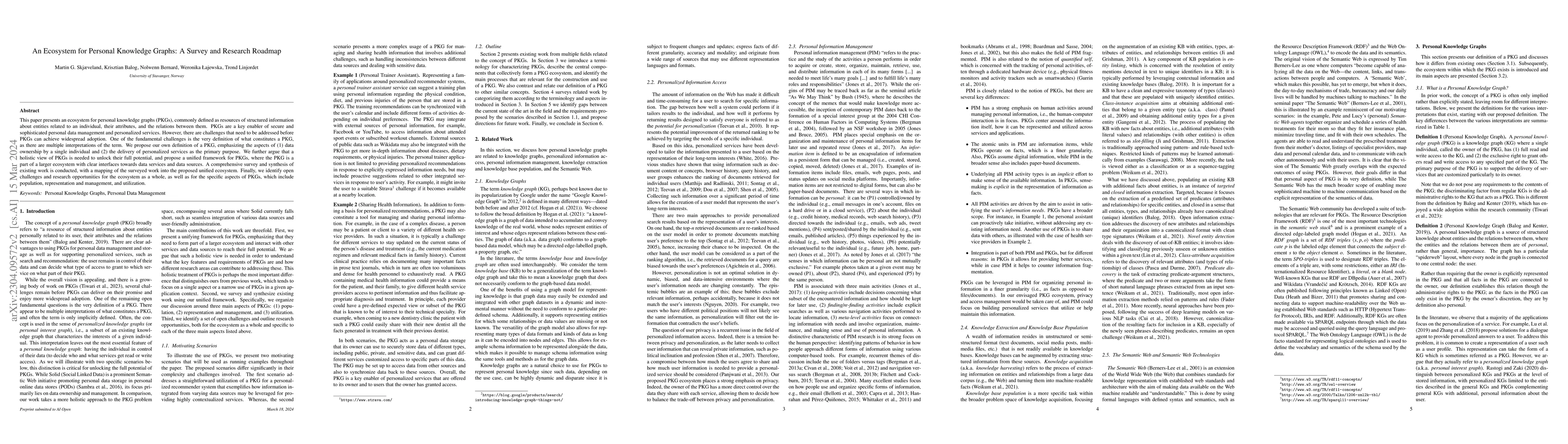 Thumbnail for An Ecosystem for Personal Knowledge Graphs: A Survey and Research
  Roadmap