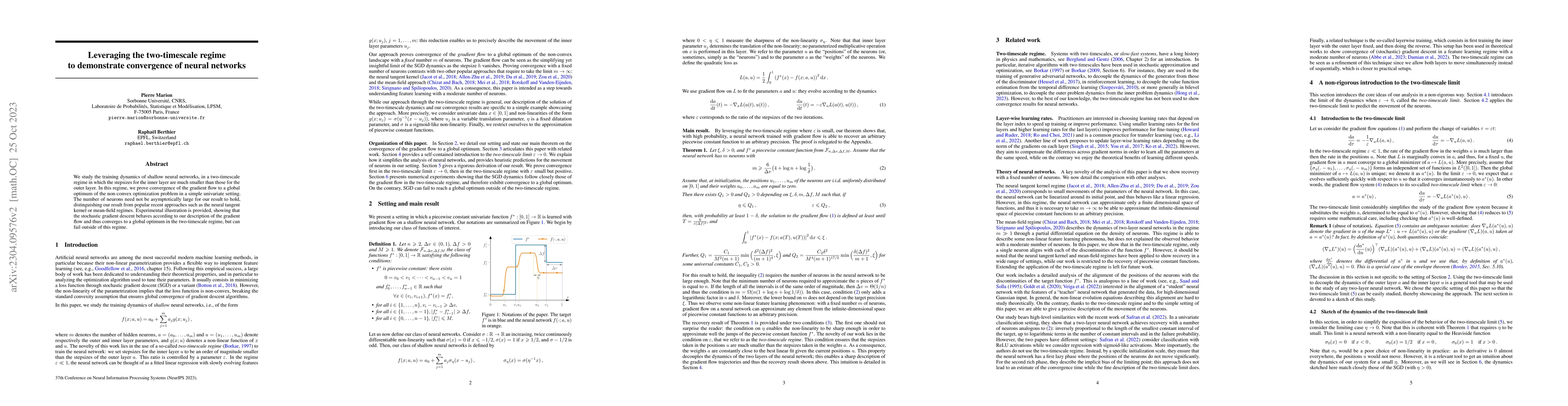 Thumbnail for Leveraging the two timescale regime to demonstrate convergence of neural
  networks