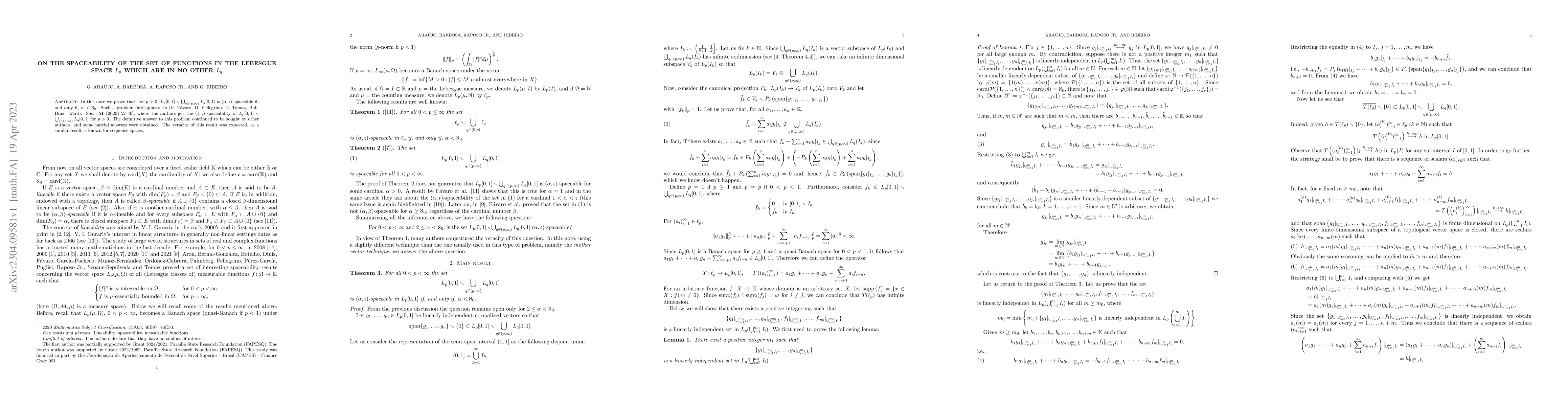 Thumbnail for On the spaceability of the set of functions in the Lebesgue space $L_p$
  which are in no other $L_q$