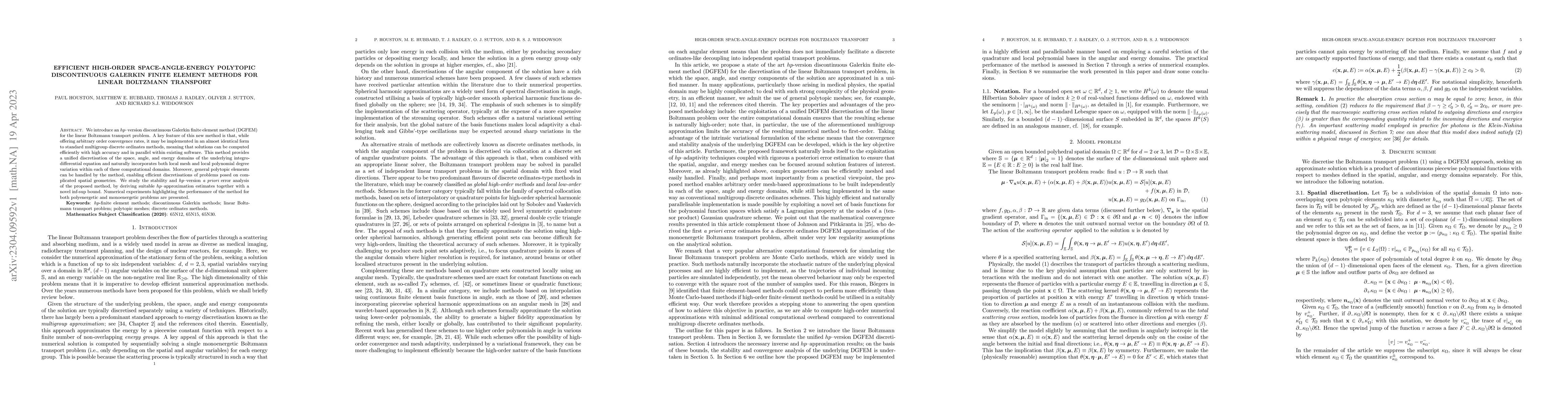 Thumbnail for Efficient High-Order Space-Angle-Energy Polytopic Discontinuous Galerkin
  Finite Element Methods for Linear Boltzmann Transport